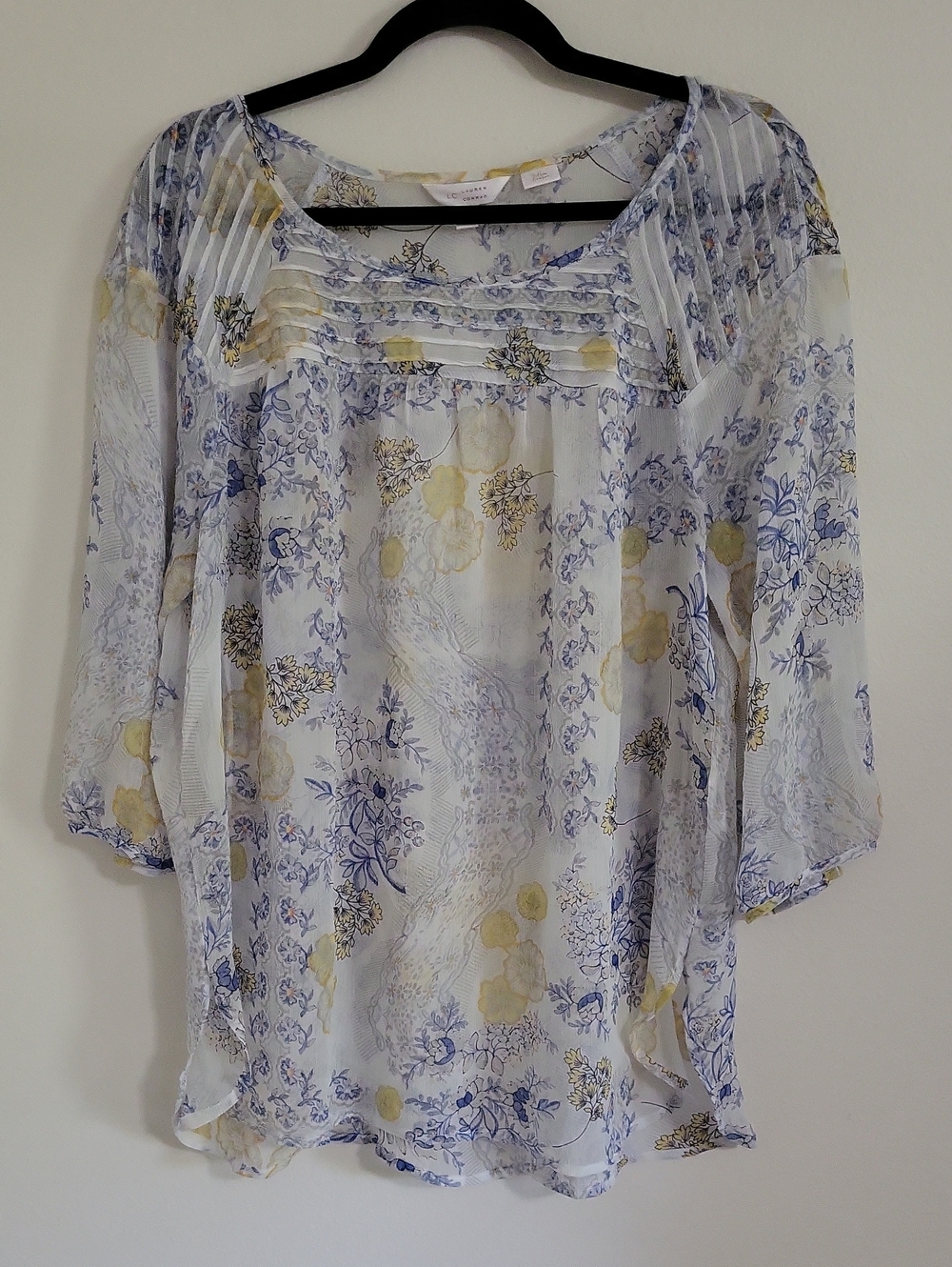LC Lauren Conrad Sheer Floral Pintuck Blouse - Light Blue & Yellow